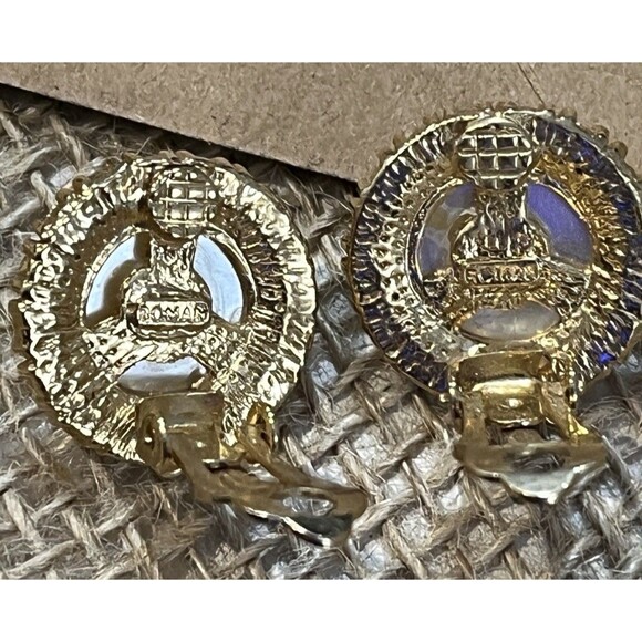 Roman VTG Simulated Pearl Rhinestone Gold Tone Clip On Earrings Regency 1950s - Picture 7 of 9